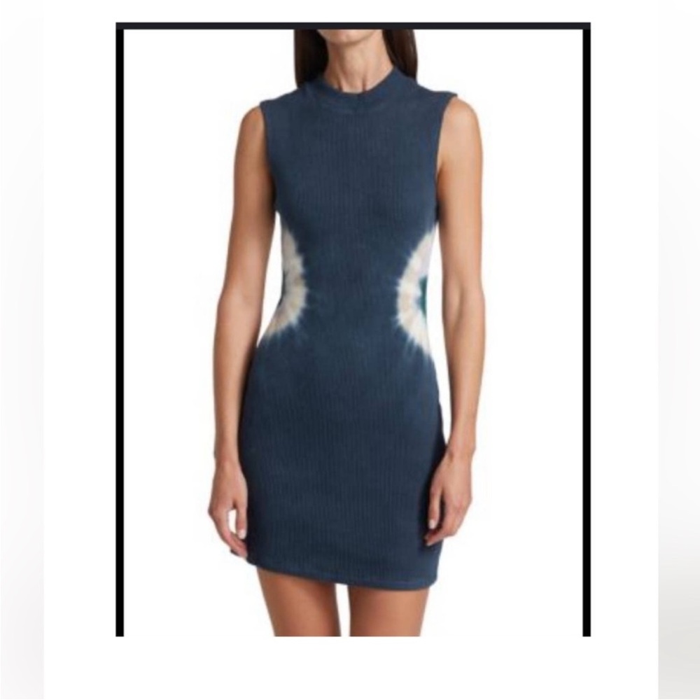 Monrow Navy Blue Ribbed Sleeveless Mini Dress with White Tie-Dye Accents